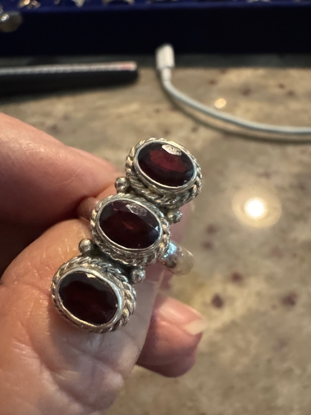 Sterling Silver Triple Garnet Ring - Deep Red Gemstones